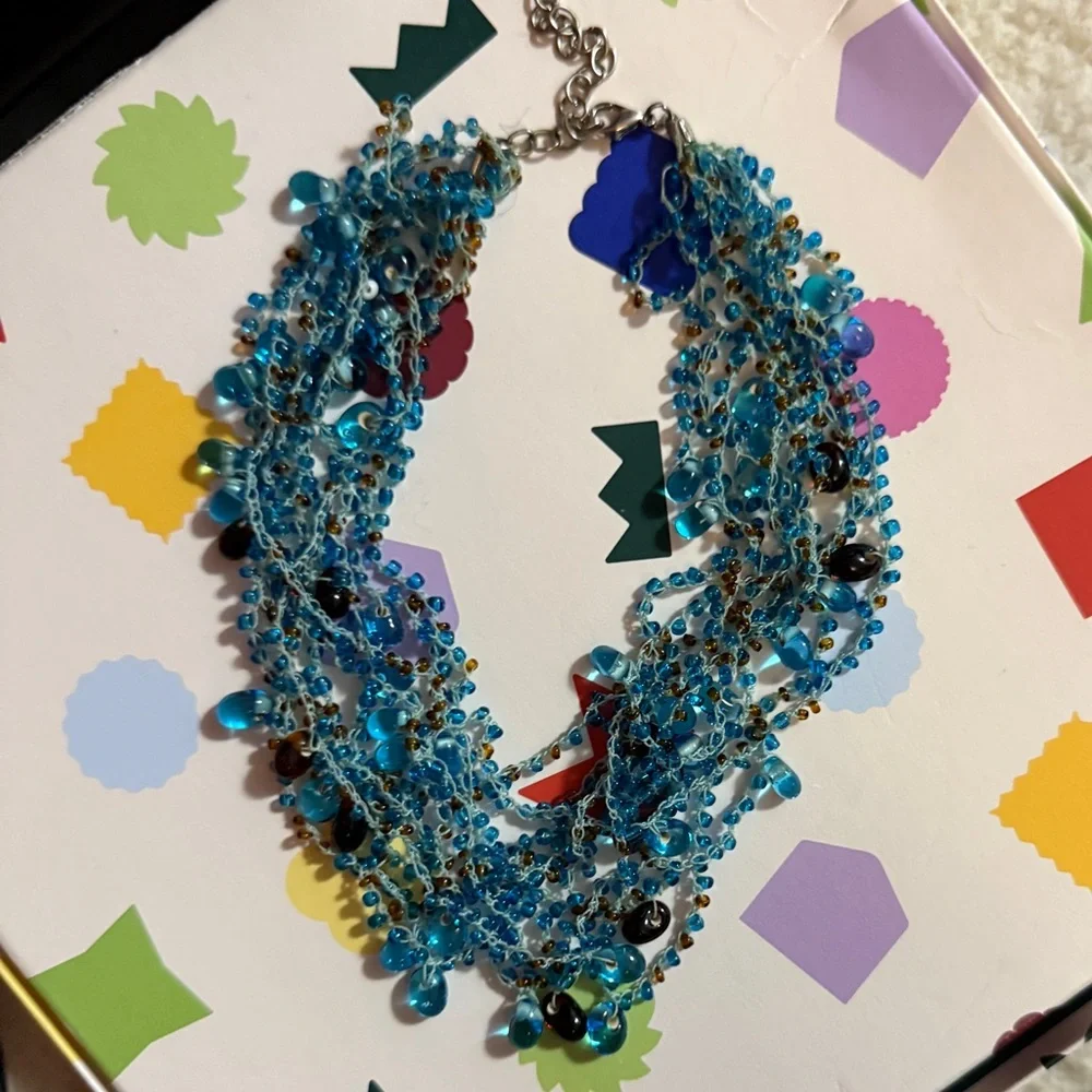 Blue Glass Beaded Multi-Strand Adjustable Necklace